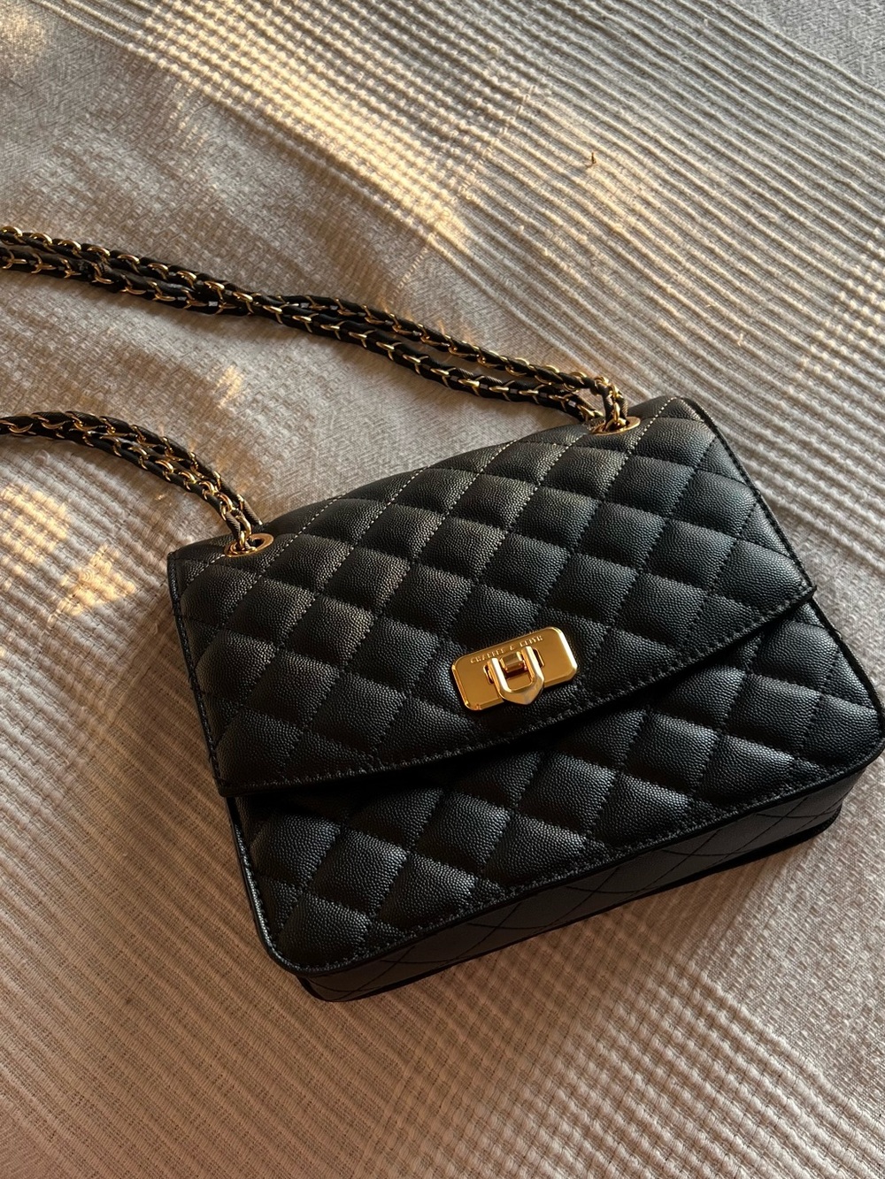 Charles & Keith Black Quilted Shoulder Bag with Gold Chain